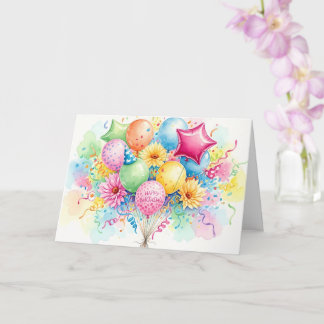 Watercolor Happy Birthday Balloons & Flowers Kort