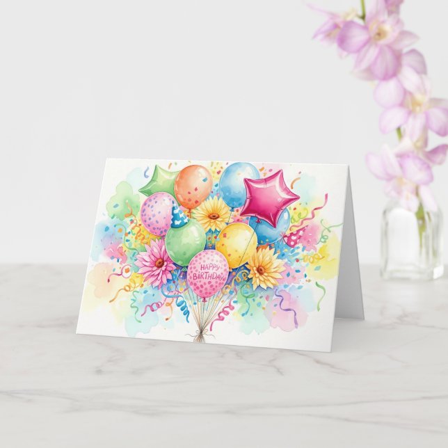 Watercolor Happy Birthday Balloons & Flowers Kort (Orkide)