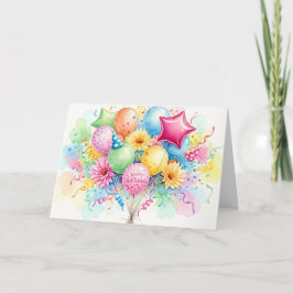 Watercolor Happy Birthday Balloons & Flowers Kort