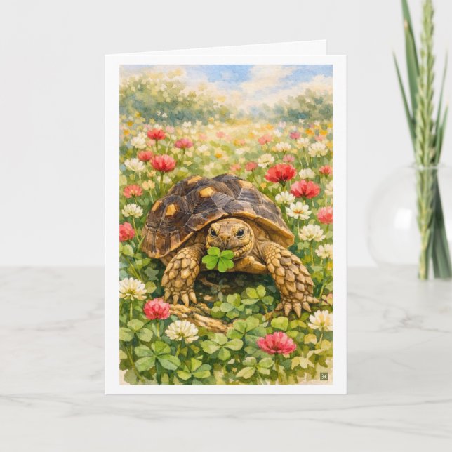 Watercolor Happy Birthday Turtle with lucky clover Kort (Framsida)
