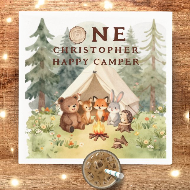 Watercolor Happy Camper 1-årsdag Pappersservett (Watercolor Happy Camper 1st Birthday Napkins)