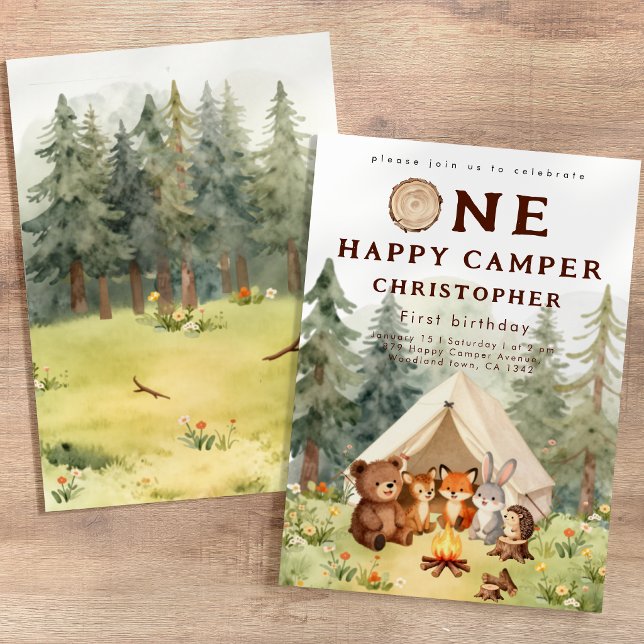 Watercolor Happy Camper 1-årsfest  Inbjudningar (Watercolor Happy Camper 1st Birthday Invitation)