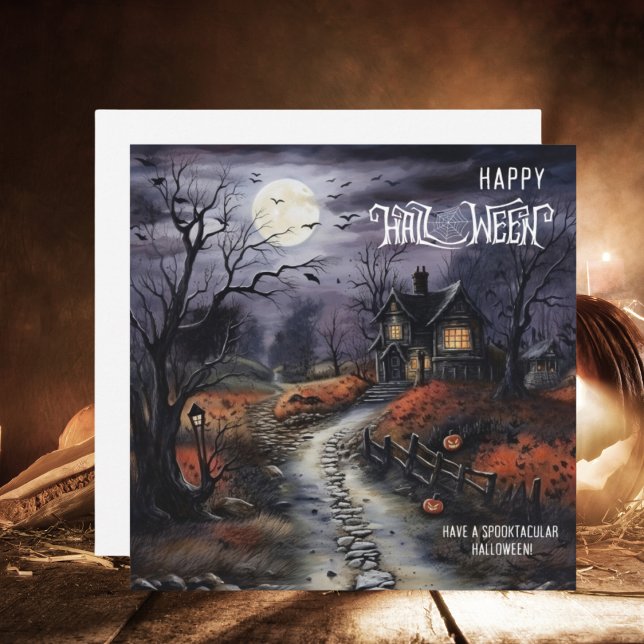 Watercolor Happy halloween Haunted House Julkort (Skapare uppladdad)