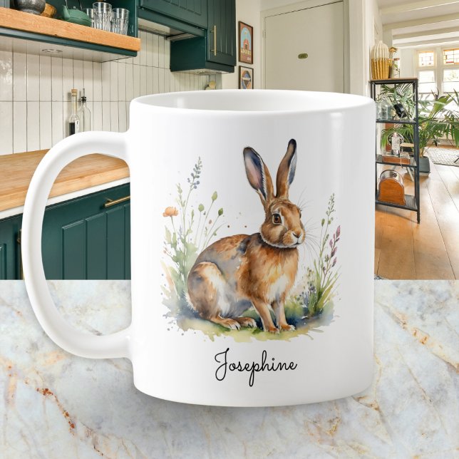 Watercolor Hare Country Wildlife Personalized Kaffemugg (A personalized coffee mug, featuring a picture of a hare with meadow flowers in a watercolor style)