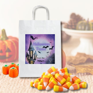Watercolor Haunted House Halloween Treat Bag Fyrkantigt Klistermärke