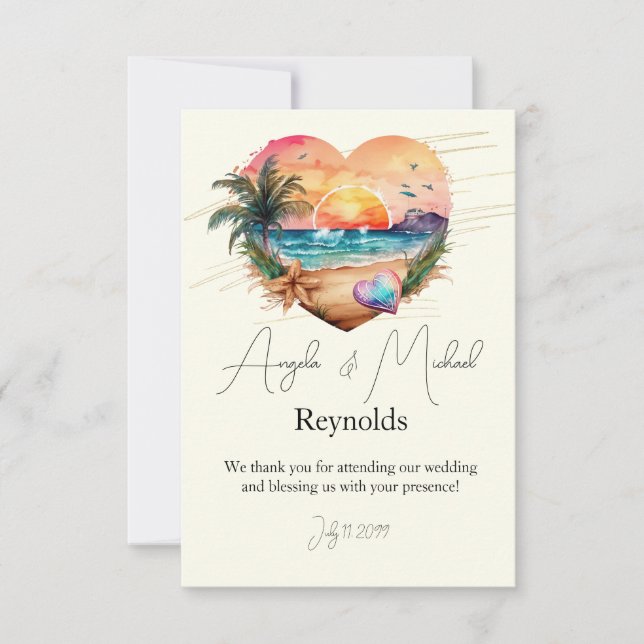 Watercolor Hawaii Beach Sunset Heart Bröllop Tack Kort (Framsida)