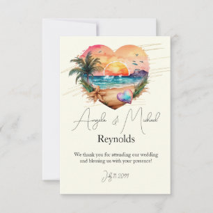 Watercolor Hawaii Beach Sunset Heart Bröllop Tack Kort