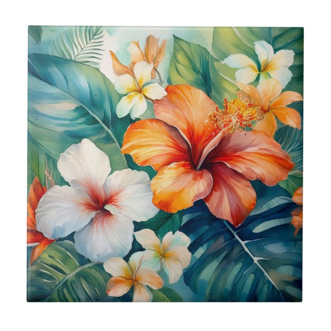 Watercolor Hawaiian Garden Tropical Hibiscus Kakelplatta (Framsidan)
