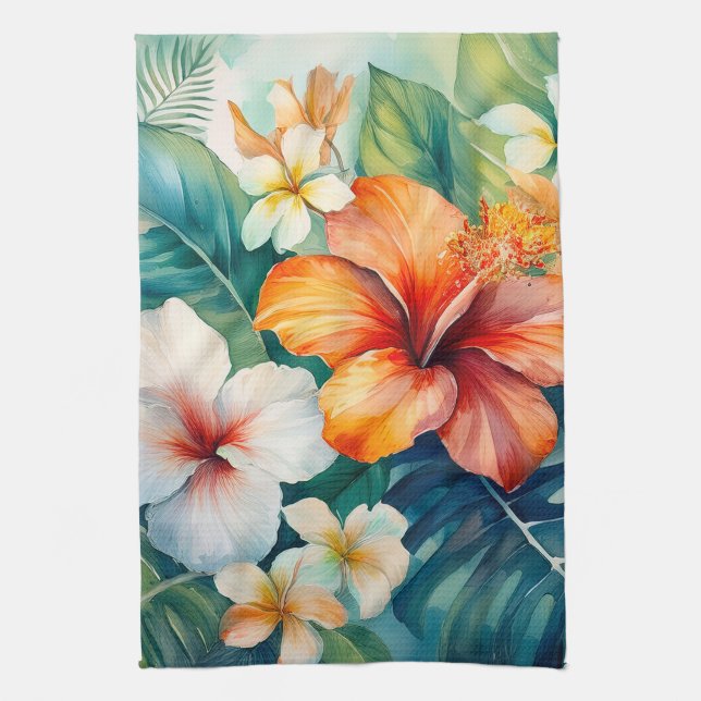Watercolor Hawaiian Garden Tropical Hibiscus Kökshandduk (Vertikal)