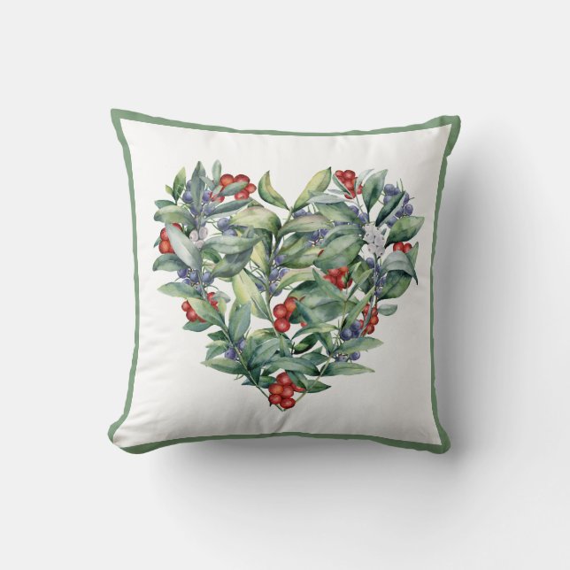 Watercolor Heart Berries Greenery Kudde (Framsida)