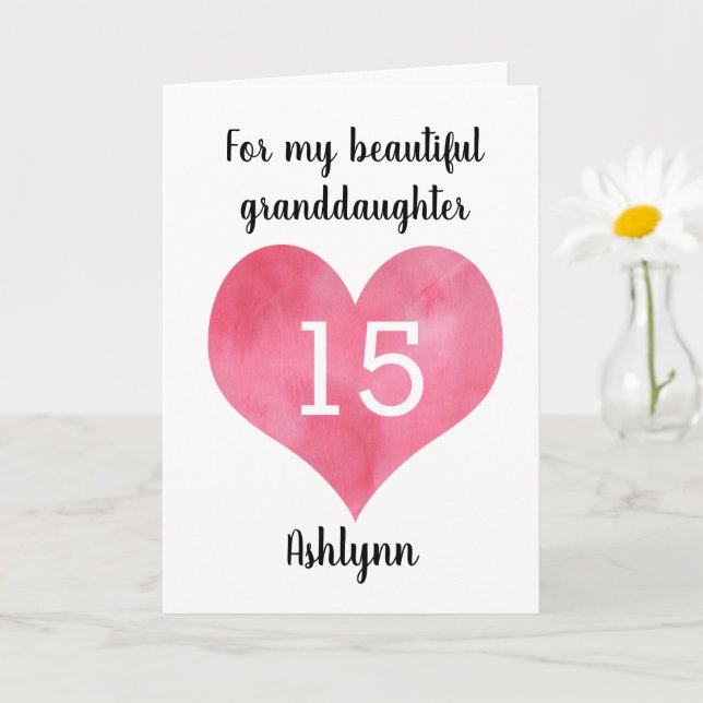 Watercolor Heart Lycklig 15:e födelsedagsdotterdot Kort (Liten växt)