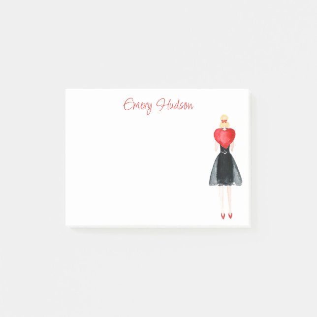 Watercolor Heart Mode Girl Post-it Notes Block (Framsida)