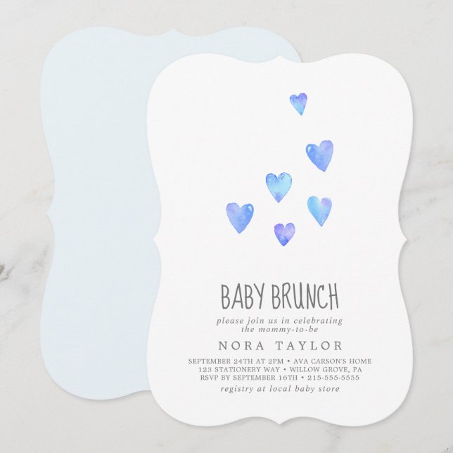 Watercolor Hearts Boy Baby Brunch-inbjudan Inbjudningar (Fram/baksida)