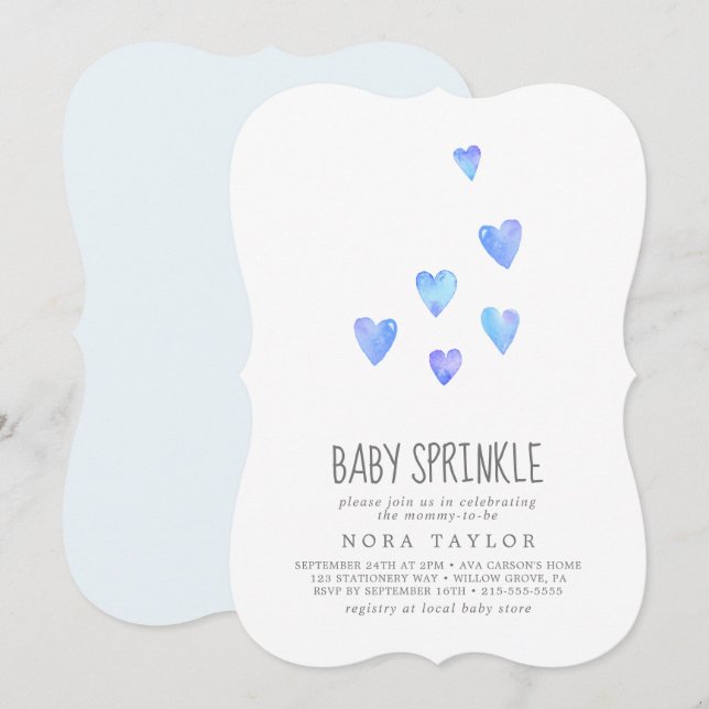 Watercolor Hearts Boy Baby Sprinkle-inbjudan Inbjudningar (Fram/baksida)