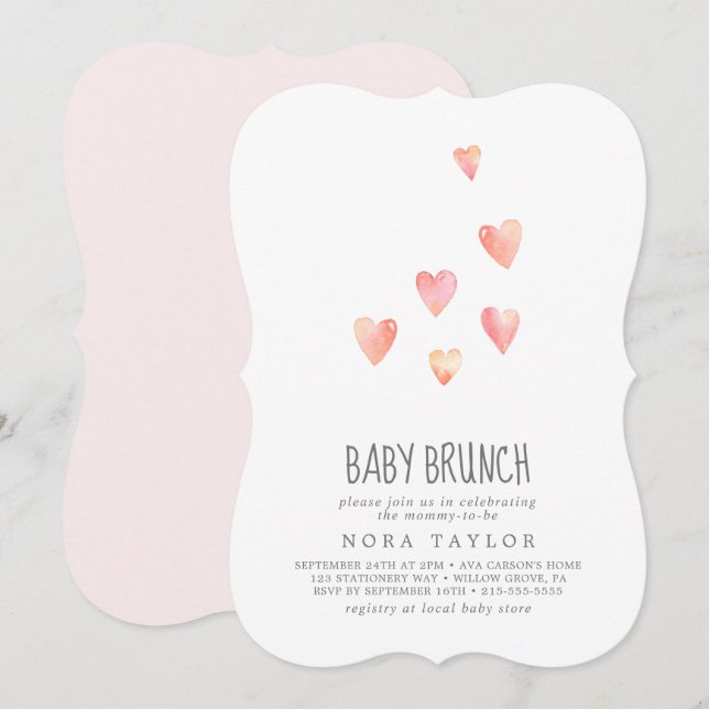 Watercolor Hearts Girl Baby Brunch-inbjudan Inbjudningar (Fram/baksida)