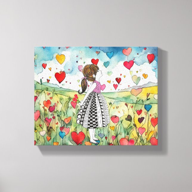 Watercolor Hearts och Little Girl Canvastryck (Framsida)