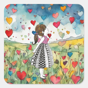 Watercolor Hearts och Little Girl Fyrkantigt Klistermärke