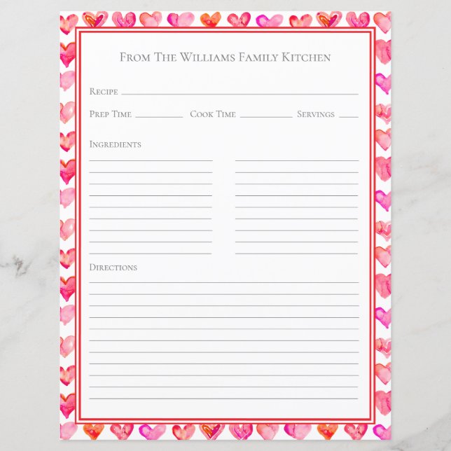 Watercolor Hearts Pink White Recipe Paper Sheet (Framsida)