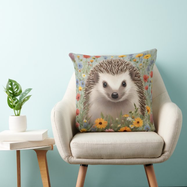 Watercolor Hedgehog och Colorful Wildblommor Kudde (Stol)