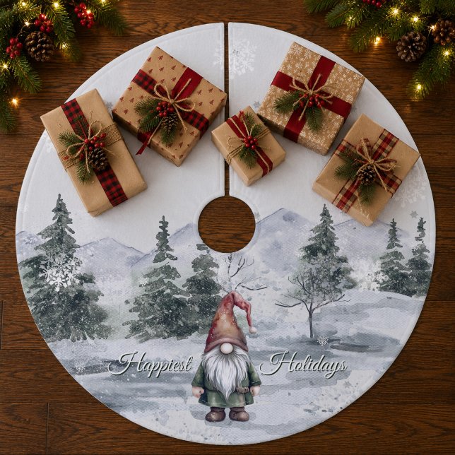 Watercolor Helgdag Gnome Julgransmatta Fleece (Watercolor Holiday Gnome Christmas Tree Skirt)