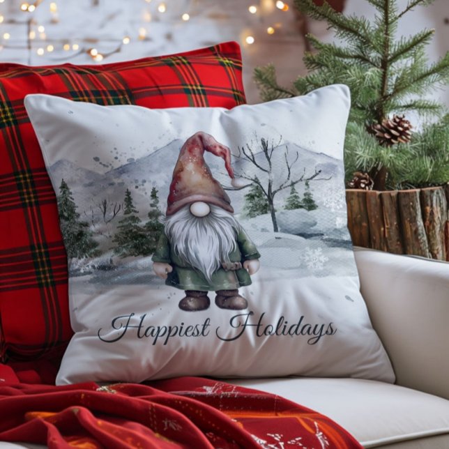 Watercolor Helgdag Gnome Kudde (Watercolor Holiday Gnome Throw Pillow)