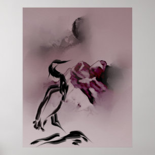 Watercolor Heron Bird Mountains målning Landskap Poster