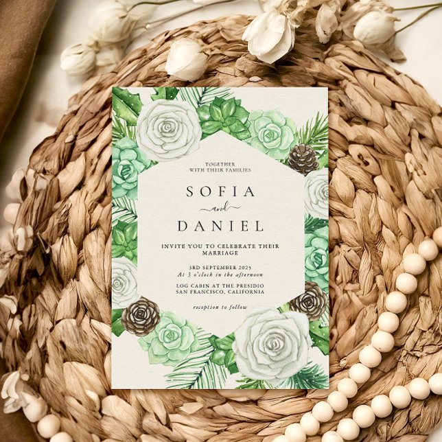 Watercolor Hexagonal Ram Greenery Bröllop Inbjudningar (Skapare uppladdad)