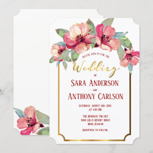 Watercolor Hibiscus Gold Foil Tropical Bröllop Inbjudningar