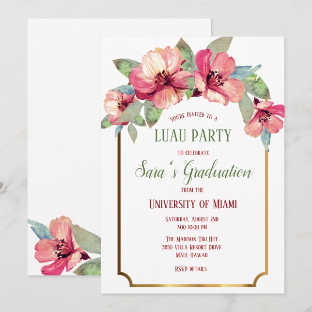 Watercolor Hibiscus Guld Luau Party Studenten Inbjudningar (Fram/baksida)