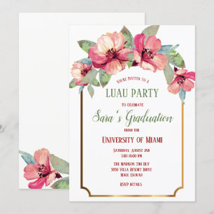 Watercolor Hibiscus Guld Luau Party Studenten Inbjudningar