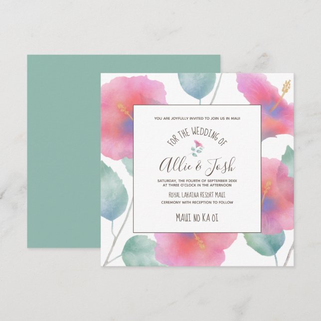 Watercolor Hibiscus Maui Bröllop Square Inbjudningar (Fram/baksida)