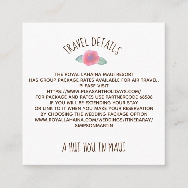 Watercolor Hibiscus Maui Bröllop Tilläggskort (Framsida)