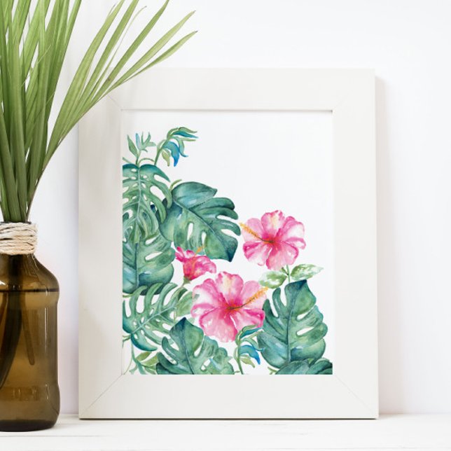 Watercolor Hibiscus och Monstera Löv Poster (Hibiscus flower and monstera palm leaves watercolor print by Victoria Grigaliunas of Do Tell A Belle)