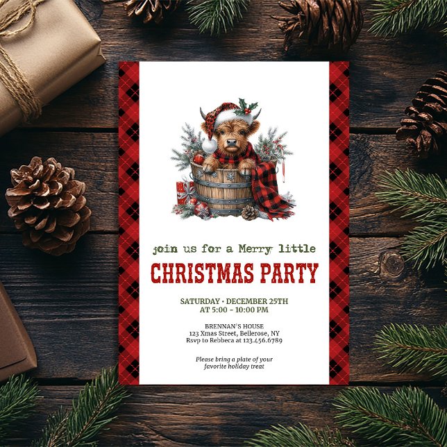 Watercolor highland cow red poinsettia invitation inbjudningar (Watercolor highland cow red poinsettia invitation)