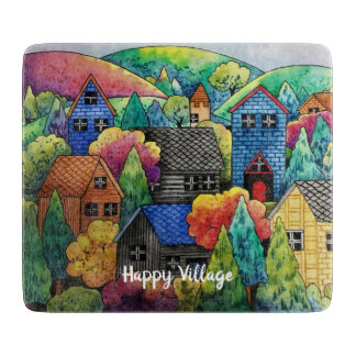 Watercolor Hillside Village med färgstarka hus