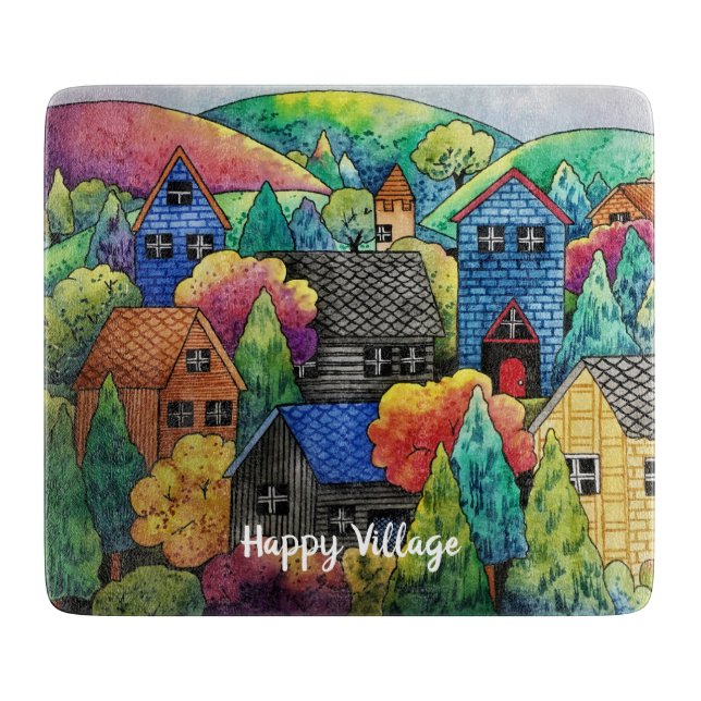 Watercolor Hillside Village med färgstarka hus (Framsidan)