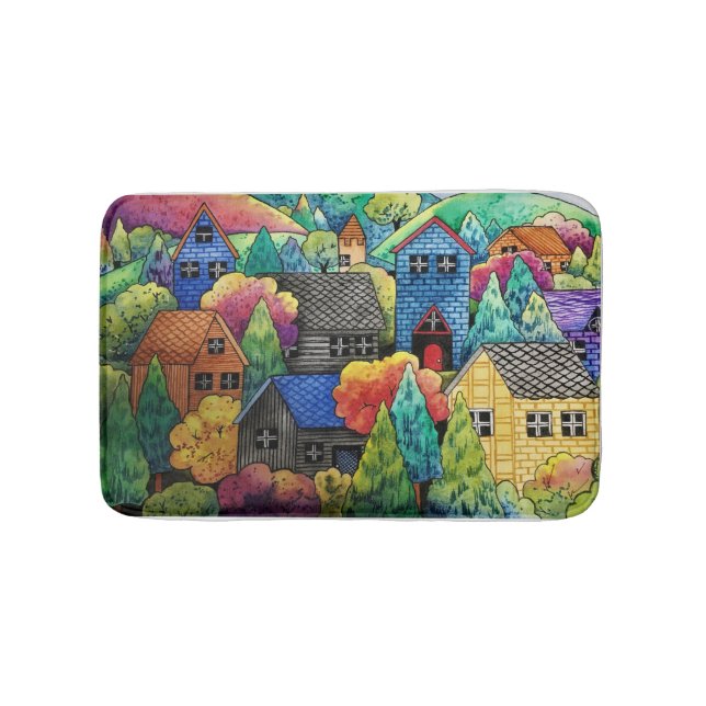Watercolor Hillside Village med färgstarka hus Badrumsmatta (Framsidan)
