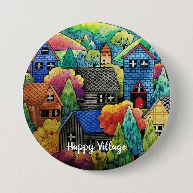 Watercolor Hillside Village med färgstarka hus Knapp (Framsida)