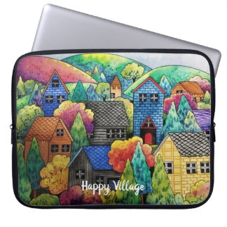 Watercolor Hillside Village med färgstarka hus Laptop Fodral