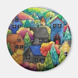 Watercolor Hillside Village med färgstarka hus Magnet