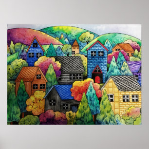 Watercolor Hillside Village med färgstarka hus Poster