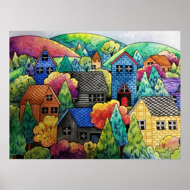 Watercolor Hillside Village med färgstarka hus Poster (Framsidan)