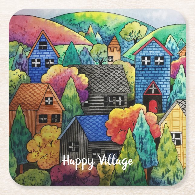Watercolor Hillside Village med färgstarka hus Underlägg Papper Kvadrat (Framsidan)