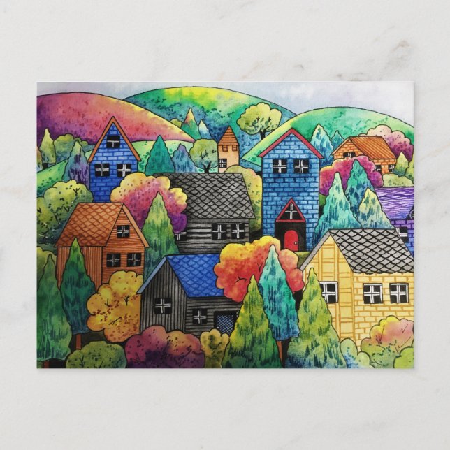 Watercolor Hillside Village med färgstarka hus Vykort (Framsida)