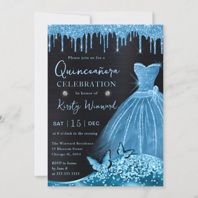 Watercolor Himlar Blue Glitter Dress Quinceanera Inbjudningar (Framsida)