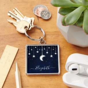 Watercolor Himlar Celestial Måne Stars String Ljus Fyrkantig Silverfärgad Nyckelring