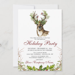 Watercolor Hjort, Birds Holly Berry Julfest Inbjudningar