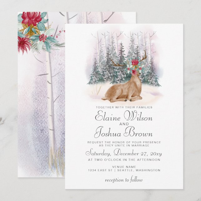 Watercolor Hjort Blommigt Antler Gräs Winter Weddi Inbjudningar (Fram/baksida)