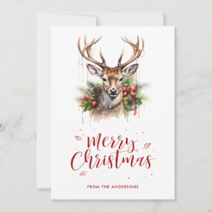 Watercolor Hjort Stag Holly Snö God jul Julkort