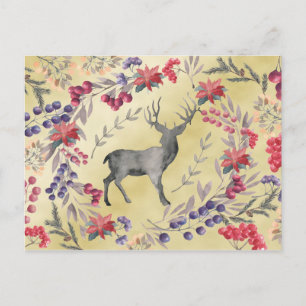 Watercolor Hjort Winter Berries Guld Vykort